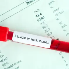 Probówka z krwią do analizy żelaza w morfologii. Wyniki badań laboratoryjnych obok.