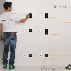 Mężczyzna pokazuje idealne miejsce na włącznik światła: 150 cm od podłogi dla informacji, 110-120 cm dla akcji, a 30 cm dla zasilania.