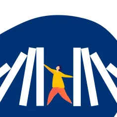 Człowiek w żółtej bluzce i pomarańczowych spodniach balansuje między białymi klockami, jak w grze Jenga. To metafora behawioryzmu i wpływu bodźców na nasze zachowanie.