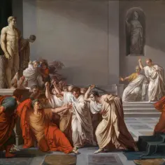 Scena morderstwa Cezara, gdzie spiskowcy tworzą chaos. W tle posągi i świadkowie, symbolizujący upadek triumwiratu.