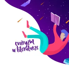 Odkryj oniryzm w literaturze! Postać z książką unosi się w kosmicznej przestrzeni, otoczona spadającymi gwiazdami.