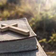 Drewniany krzyż na Biblii, symbol miłości Bożej. Słońce przebija się przez zieleń, przypominając o wiecznych cytatach z Biblii o miłości.