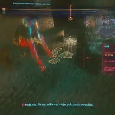 Wizualizacja z gry, trzecia część nocy cyberpunk. Szukasz wskazówek w nagraniu, skanujesz ulotki z Pacifiki.
