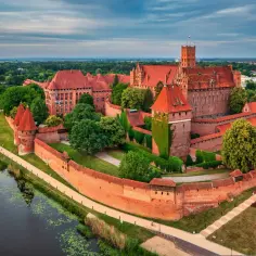 Malbork – imponujący zamek krzyżacki, idealne miejsce na zwiedzanie za darmo. Widok z lotu ptaka na ceglane mury i wieże.