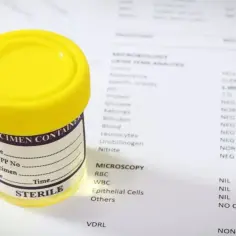 Żółty pojemnik na próbkę obok wyników analizy moczu. Szybkie wyniki badań, jak np. z użyciem **mycofast**, są kluczowe dla diagnozy.