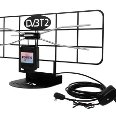 Antena DVB-T2 Fortis 4K Ultra HD z kablem i zasilaczem. Proste podłączenie anteny wewnętrznej do telewizora zapewni doskonały obraz.