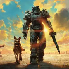 Wojownik w pancerzu wspomaganym i pies przemierzają pustkowie. W tle widać zniszczony budynek z rakietą i miasto. To obraz z gry Fallout, gdzie każdy **fallout switch** może oznaczać zmianę losu.