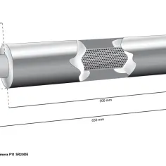 Schemat tłumika Nissan Primera P11. Pokazuje, jak wyciszyć wydech przelotowy dzięki perforowanej rurze wewnętrznej. Wymiary: 63,5 mm, 115 mm, 100 mm, 50 mm, 500 mm, 650 mm.