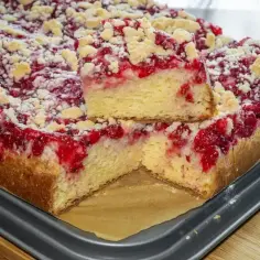 Wilgotne ciasto z białek z malinami i kruszonką, pokrojone na kawałki, prezentuje się apetycznie.