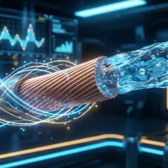 Miedziany kabel otoczony świetlistymi liniami, symbolizujący przepływ energii i wysoką konduktywność. W tle wykresy i symbol sigma.