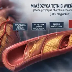 Przekrój tętnicy wieńcowej pokazujący rozwój miażdżycy, głównej przyczyny choroby niedokrwiennej serca. Widoczne zdrowe naczynie, początkowe zmiany, blaszka miażdżycowa i znaczące zwężenie.