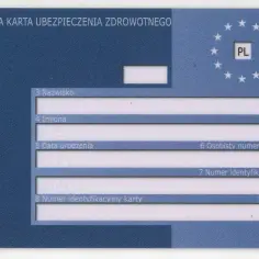 Europejska Karta Ubezpieczenia Zdrowotnego (EKUZ) od ręki. Dokument zawiera dane osobowe i identyfikacyjne.