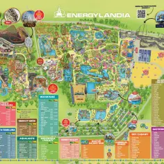Mapa Energylandii, gdzie jest park rozrywki w Zatorze. Znajdziesz tu strefy: Ekstremalna, Bajkolandia, Familijna, Aqualantis, Sweet Valley, Water Park i Smoczy Gród.