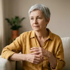 Kobieta z siwymi włosami w musztardowej koszuli siedzi na kanapie, zamyślona. Może właśnie myśli o czymś ważnym, jak o nowym leku emoxen.