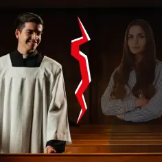 Młody kleryk w kościele, obok kobieta. Czerwona błyskawica symbolizuje rozłam. Czy to pytanie: celibat co to?