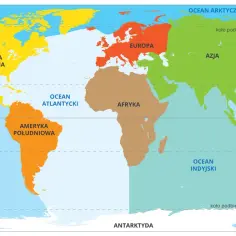 Kolorowa mapa świata z zaznaczonymi kontynentami: Ameryka Północna, Ameryka Południowa, Europa, Afryka, Azja, Australia i Antarktyda.
