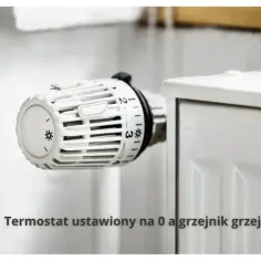 Biały termostat na grzejniku ustawiony na 0. Czy termostat ma wpływ na ogrzewanie? Tak, reguluje temperaturę.