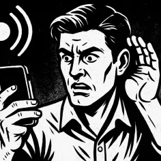 Przerażony mężczyzna trzyma telefon, jakby słyszał podsłuch w telefonie. Sygnał radiowy unosi się nad urządzeniem.
