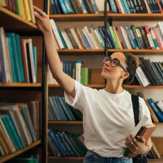 Dziewczyna w okularach szuka książek na półce w bibliotece. W rękach trzyma kilka tomów, gotowa do nauki. Wszystkie przedmioty w liceum czekają na odkrycie.