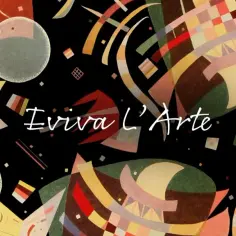 Abstrakcyjny obraz z napisem "Eviva L'Arte" na czarnym tle. Kolorowe kształty i linie tworzą dynamiczną kompozycję, symbolizującą radość tworzenia.