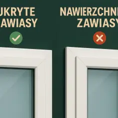 Porównanie okien: po lewej ukryte zawiasy, po prawej widoczne, nawierzchniowe. Wybierz estetykę i funkcjonalność!