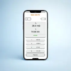 Aplikacja pokazuje pomiar impedancji Zs 28.3 mΩ i prądu zwarciowego Ik 14.66 kA.