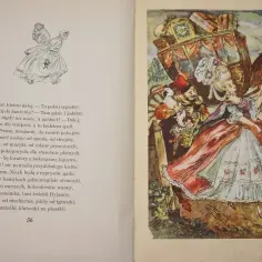 Ilustracja do satyry Ignacego Krasickiego: dama w balowej sukni i karoca pełna bagaży.