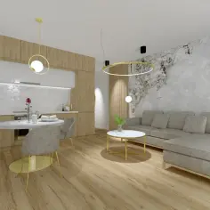 Nowoczesny salon z aneksem kuchennym, szara sofa, okrągły stół, drewniane meble i ściana z efektem tynku.