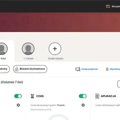 Panel Norton Rodzina. Widok podsumowania działań, opcje jak wyłączyć kontrolę rodzicielską na tablecie, ustawienia czasu i aplikacji.