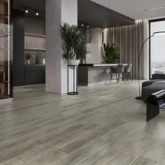 Nowoczesne wnętrze z podłogą imitującą drewno. Panele winylowe czy warto? Elegancka kuchnia, salon i widok na miasto.