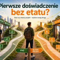 Młody człowiek stoi na rozdrożu, wybierając między ścieżką stażu a własnym projektem.