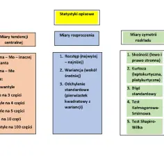 Diagram statystyki opisowej. W centrum "Dominanta" (moda) jako miara tendencji centralnej.