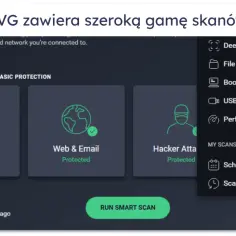 Interfejs programu AVG oferuje różne opcje skanowania, w tym głębokie skanowanie, skanowanie plików i folderów, skanowanie podczas rozruchu, skanowanie USB/DVD oraz skanowanie wydajności, zapewniając kompleksową cyber security.