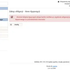 Ekran z menu po lewej stronie i powiadomieniem o niemożliwości zakupu obligacji.