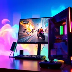 Gamingowy setup z podświetlanym komputerem, monitorem wyświetlającym grę wyścigową, klawiaturą i padem. Kolorowe światła tworzą atmosferę jak w **windows terminal**.