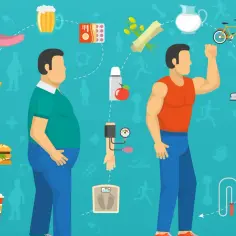 Ilustracja pokazuje kontrast między niezdrowym stylem życia (fast food, piwo) a aktywnością fizyczną i zdrową dietą, ilustrując podstawowe zasady metabolizmu.