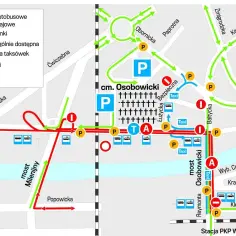 Mapa Wrocławia z zaznaczonymi trasami autobusowymi, tramwajowymi, przystankami, parkingami i policją. Pokazuje, jak dojechać na cmentarze we Wrocławiu, np. Cmentarz Osobowicki.