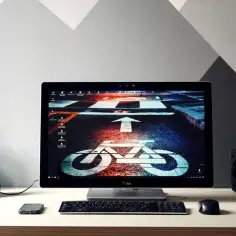 Monitor Dell z tapetą rowerową na drodze, klawiatura, mysz, głośniki i telefon.