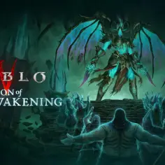 Diablo 4: Season of Death Awakening. Mroczny demon z niebieskimi skrzydłami góruje nad grupą postaci.