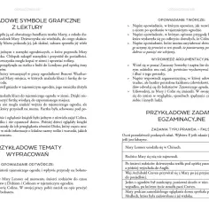 Symbole graficzne z lektury "Tajemniczy ogród": skakanka, łopata, statek, gil, gniazdo, klucz, furtka, książki.