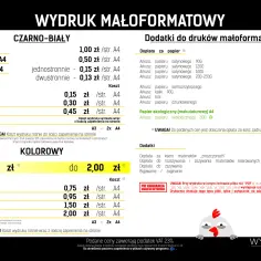 Cennik wydruku małoformatowego, czarno-białego i kolorowego, z dopłatami za papier i dodatkowe usługi. Foto-panek cennik.