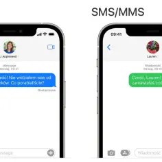 Porównanie iMessage i SMS/MMS. Na lewym ekranie widać niebieską chmurkę iMessage z tekstem "Cześć! Nie widziałem was od wieków. Co porabialiście?".