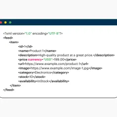 Fragment kodu XML, który pokazuje, jak opisać produkt: jego cenę, dostępność i kategorię. To jest przykład, co to jest XML.