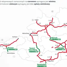 Mapa Austrii z zaznaczonymi trasami. Gdzie kupić e-winieta Austria? Czerwone drogi wymagają winiety, zielone opłaty odcinkowej.