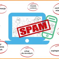 Grafika przedstawia komputer i smartfon z napisem SPAM. Wokół nich kręgi z hasłami: promocje, wygrana, zainfekowane wiadomości, oferty reklamowe, szpiegowanie, usługi dla dorosłych, wyłudzenie danych, fikcyjny spadek.