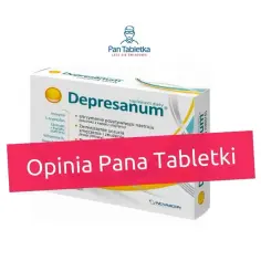 Opakowanie suplementu diety Depresanum, który zawiera składniki wspierające pozytywny nastrój. Tabletki na poprawę nastroju na receptę.