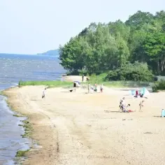 Swarzewo plaża: ludzie odpoczywają na piaszczystym brzegu, woda faluje, a za nimi rośnie las.