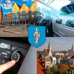 Kolaż: Rynek w Olsztynie, wnętrze samochodu z klimatyzacją, herb miasta i panorama Olsztyna.