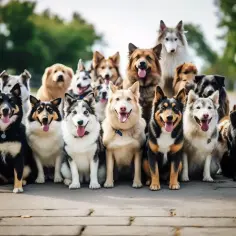 Grupa radosnych psów, w tym husky i labrador, siedzi razem na zewnątrz, wszystkie z uśmiechniętymi pyszczkami.