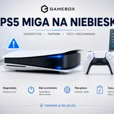 Konsola PS5 miga na niebiesko, sygnalizując problem. Gamebox oferuje diagnostykę, naprawę i testy uruchamiania.
